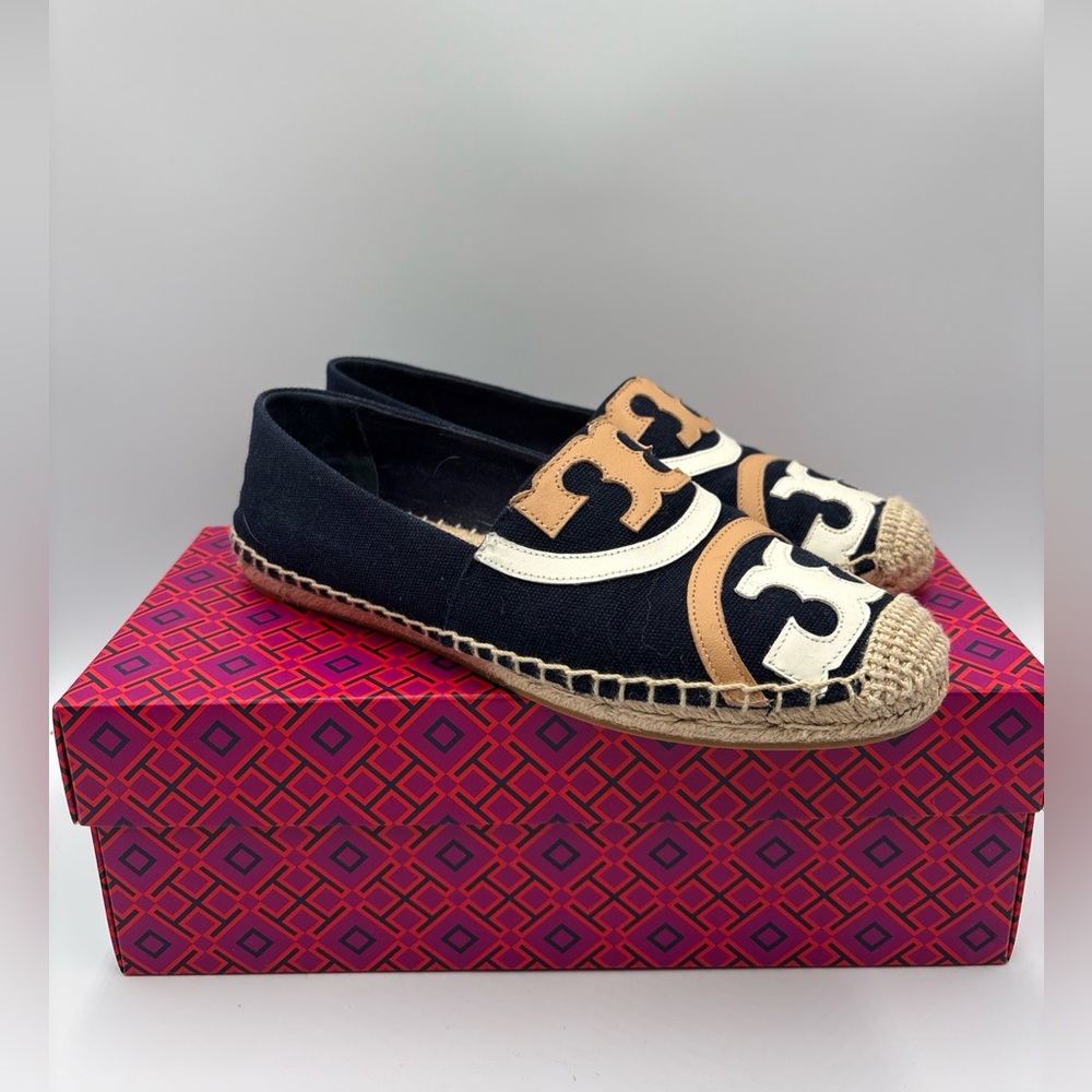 Tory Burch Poppy Flat Espadrille Women 7.5 Multi Navy Blue Canvas/ Calf Leather